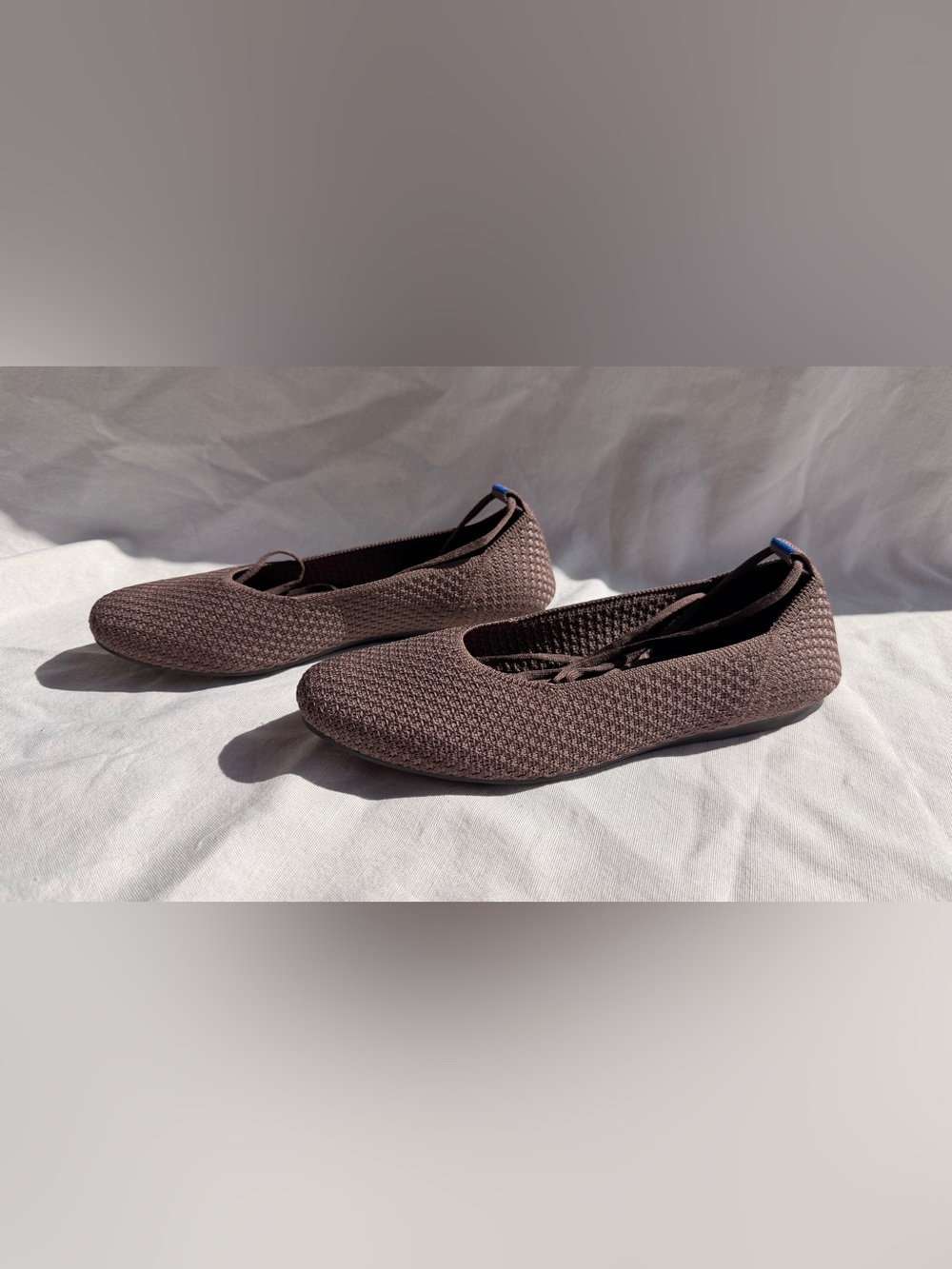 Rothy’s Maple Brown Ballet Flats Shoes Slip On Ankle Tie Square Toe Knit Mesh 7 - Picture 3 of 9